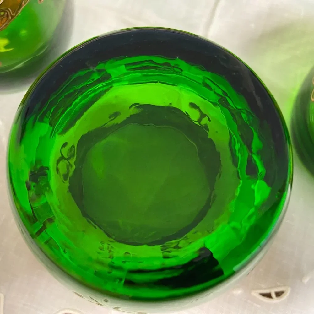 5 VTG Moser Czech Glass Whiskey Green Gold Gilt Enamel Bohemian